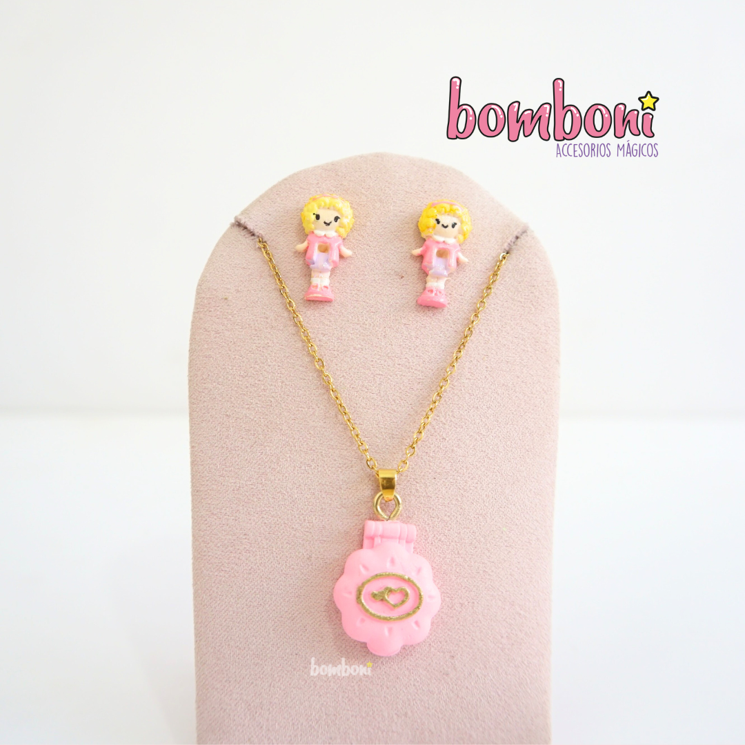 Collar y aretes Polly clásica rosa