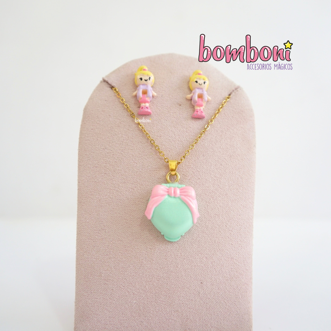Collar y aretes Polly corazón menta